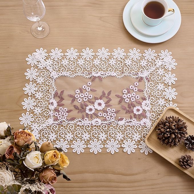 White Dark Red Silver Floral Lace Placemats 14”x20” Set of 2, Table Topper Dresser Scarf Place Mats (Set of 2, White & Dark Red)