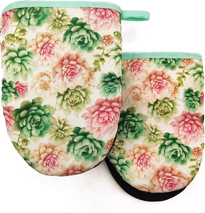 Succulents Oven Mitts, High Heat Resistant Kitchen Oven Gloves, Mini Silicone Oven Mitts, Non-Slip Grip Surfaces and Hanging Loop for Grilling, Baking, Cooking and Microwave, Gift