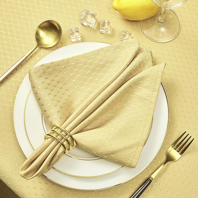 Cloth Napkins Set of 8 – Square 17x17 Inch Jacquard Fabric Polyester Washable Reusable Cloth Napkins for Kitchen Dinner Dining Restaurants Wedding Party Banquet Table (Gold A)