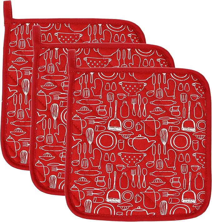 100% Cotton Kitchen Everyday Basic Terry Pot Holder Heat Resistant Coaster Potholder for Cooking and Baking 8 x 8-Inch Set of 3 Red