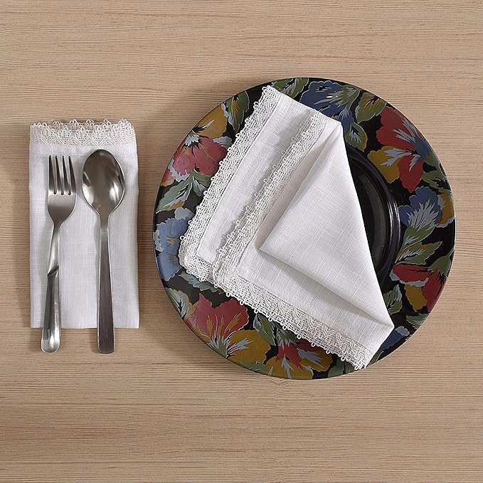 FINGERCRAFT Dinner Cloth Napkins in 100% Cotton, 12 Pieces Small Table Napkin Cloth,12 inches, Mitered Corners for Every Day Use Christmas Napkins Cloth Good Absorbency Lace White Easter Color