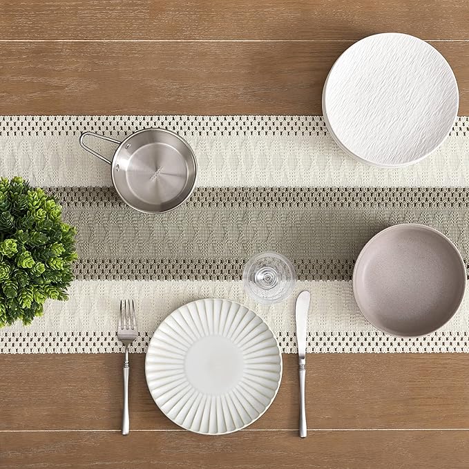 ZeeMart Macrame Style Bicolor Stitching Table Runner, 14 x 108 Inch Dark Sage/Ivory, Boho Grey Sage Table Runners 108 Inches Long, Farmhouse Woven Home Decor