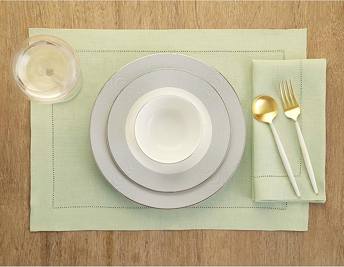 Solino Home Linen Cloth Placemats Set of 6-100% Pure Linen Hemstitch Sage Green Placemats 14 x 19 Inch - Classic Hemstitch Table Place Mats for Spring, Summer, Mothers Day