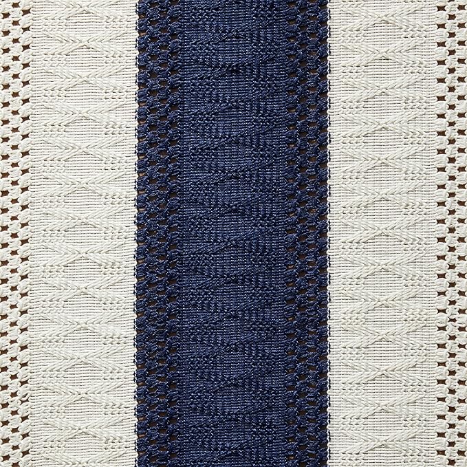 ZeeMart Macrame Style Bicolor Stitching Table Runner, 14 x 90 Inch Navy Blue/Ivory, Boho Navy Table Runners 90 Inches Long, Farmhouse Woven Home Decor