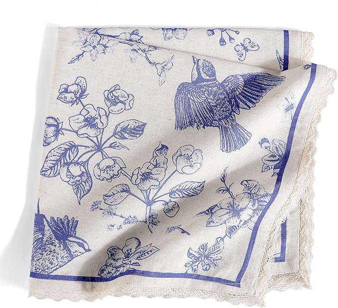 FINGERCRAFT Dinner Cloth Napkins Cotton Blend Set of 12 Premium Quality Mitered Corner with Natural Lace for Home Restaurant Wedding Christmas Napkins Cloth 20 inch Toile Print with Lace