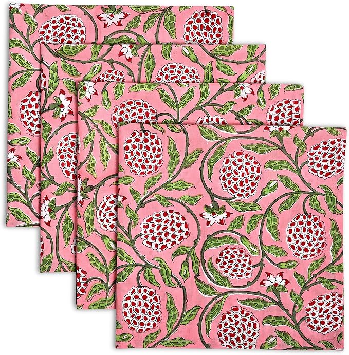 Ridhi Strawberry Pink Hand Block Print 100% Cotton Napkins 18" x 18" (Set of 4) Reuseable Kitchen Napkins Cloth Decor Dinner Party Wedding Cocktail Gift for Spring, Easter, Valentine