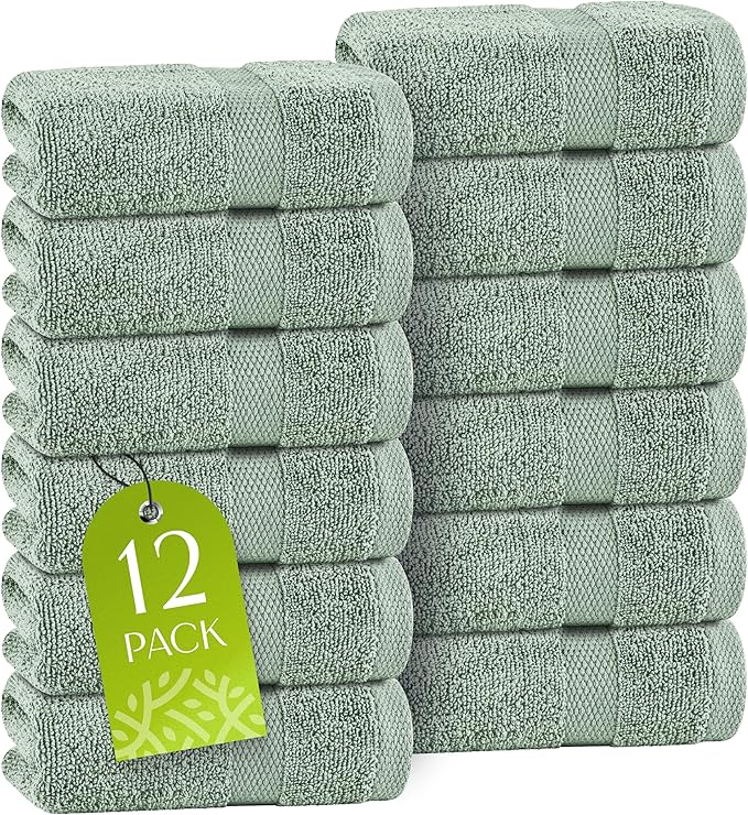 White Classic Green Washcloths Set for Body and Face Towel, Cotton Wash Cloths Bulk 12 Pack, Spa Fingertip Wash Clothes 12x12 Inch, Soft Absorbent Gym Towels