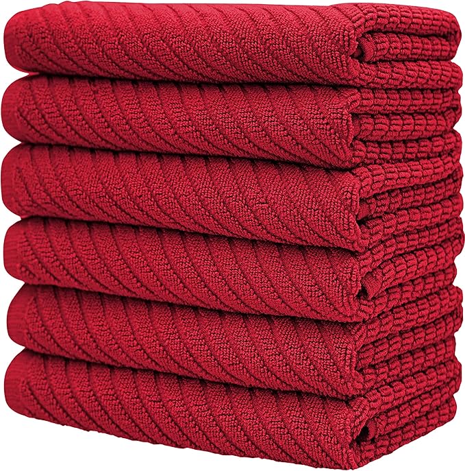 Premium Kitchen Towels (16”x 25”, 6 Pack) | Large Cotton Kitchen Hand Towels | Dish Towels | Diagonal Weave Design | 445 GSM Highly Absorbent Tea Towels Set with Hanging Loop | Red