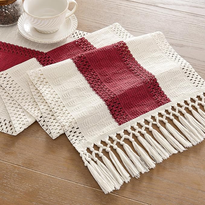 ZeeMart Macrame Style Bicolor Stitching Table Runner, 14 x 36 Inch Red/Ivory, Boho Red Table Runners 36 Inches Long, Farmhouse Woven Home Decor
