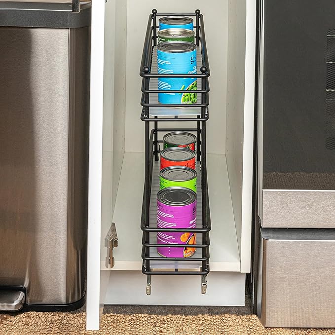 Household Essentials Glidez Multipurpose Paint-Finished Steel Pull-Out/Slide-Out Storage Organizer with Plastic Liners for Under Cabinet Use - 2-Tier Design, Black