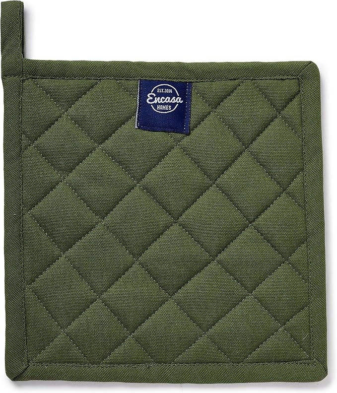 Encasa XO Heat Resistant Cotton Pot Holders with Hanging Loop - Set of 2 - Leaf Green - Multipurpose Quilted Everyday Hot Pad for Kitchen, Camping, BBQ & Microwave - 8x8 in