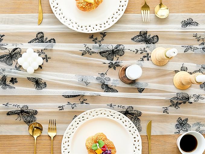 YATOJUZI Embroidery Butterfly Table Runner Tulle Wabi-sabi Decor Seasonal Decorations Dining Table Runners for Home Kitchen Funeral