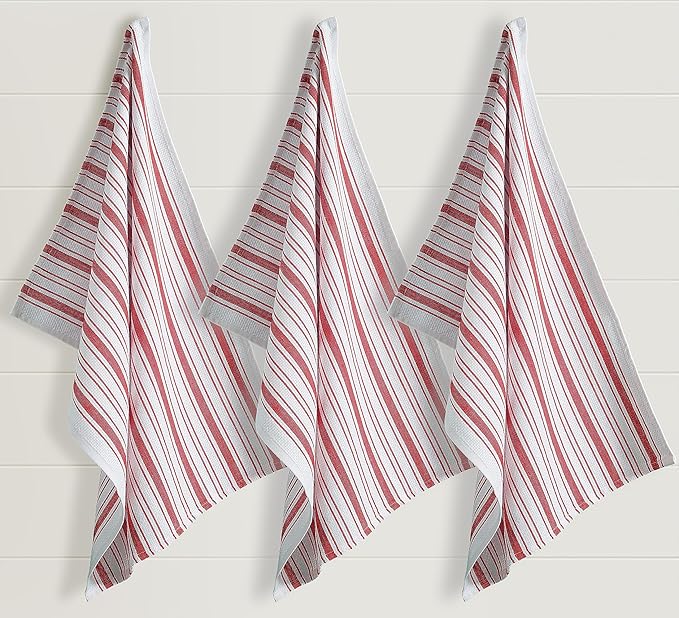 Kitchen Towels Set – Pack of 3 (20’’ x 30’’) Extra Large Premium Cotton Dish Towels for Kitchen – Basket Weave Towels – Absorbent – 100% Cotton – with Hanging Loop – Red