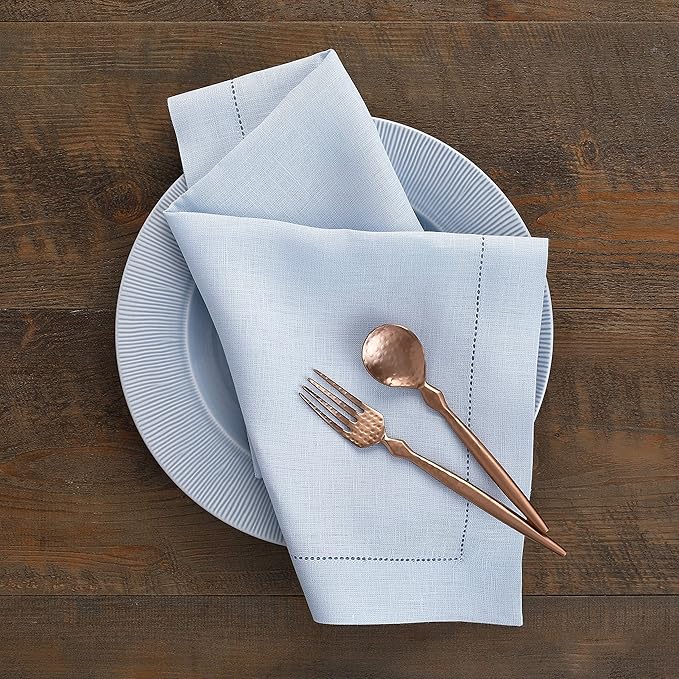Solino Home Light Blue Linen Napkins Set of 4-100% Pure Linen Hemstitch Dinner Napkins 20 x 20 Inch for Spring, Summer, Mothers Day - Classic Hemstitch