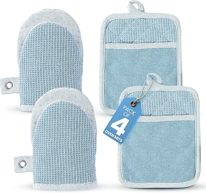 Casa Platino BBQ Gloves & Potholders Set, 4Pc Kitchen Mitts for Oven & Baking, Holder for Hot Pots & Dishes – Heat Resistant Up to 500°F, Non-Slip & Machine Washable – Cornflower