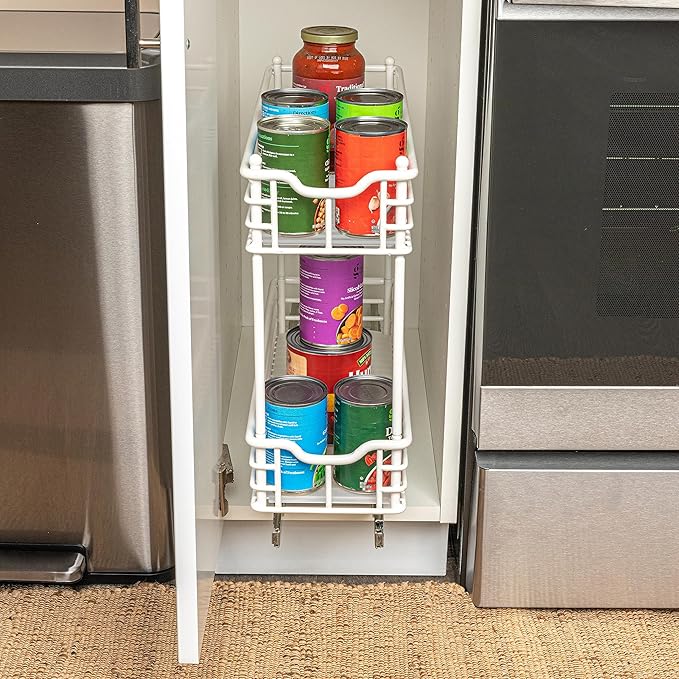Household Essentials Glidez Multipurpose Paint-Finished Steel Pull-Out/Slide-Out Storage Organizer with Plastic Liners for Under Cabinet Use - 2-Tier Design, White