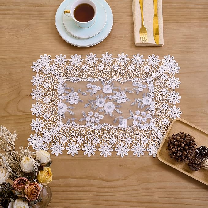 White Floral Grey Silver Leaves Lace Placemats 14”x20” Set of 2, Table Topper Dresser Scarf Place Mats (Set of 2, White & Grey)