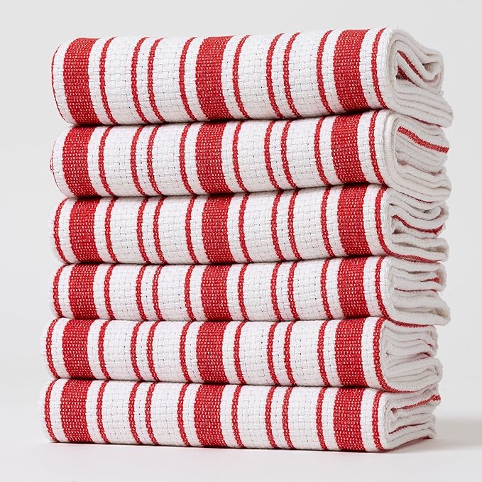 Kitchen Towels Set – Pack of 6 (20’’ x 30’’) Extra Large Premium Cotton Dish Towels for Kitchen – Basket Weave Towels – Absorbent – 100% Cotton – with Hanging Loop – Red