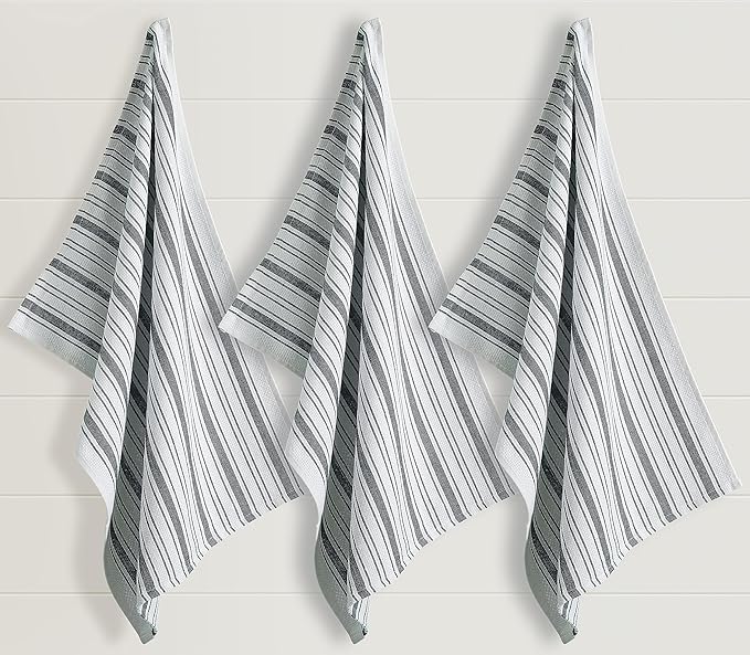 Kitchen Towels Set – Pack of 3 (20’’ x 30’’) Extra Large Premium Cotton Dish Towels for Kitchen – Basket Weave Towels – Absorbent – 100% Cotton – with Hanging Loop – Dark Grey