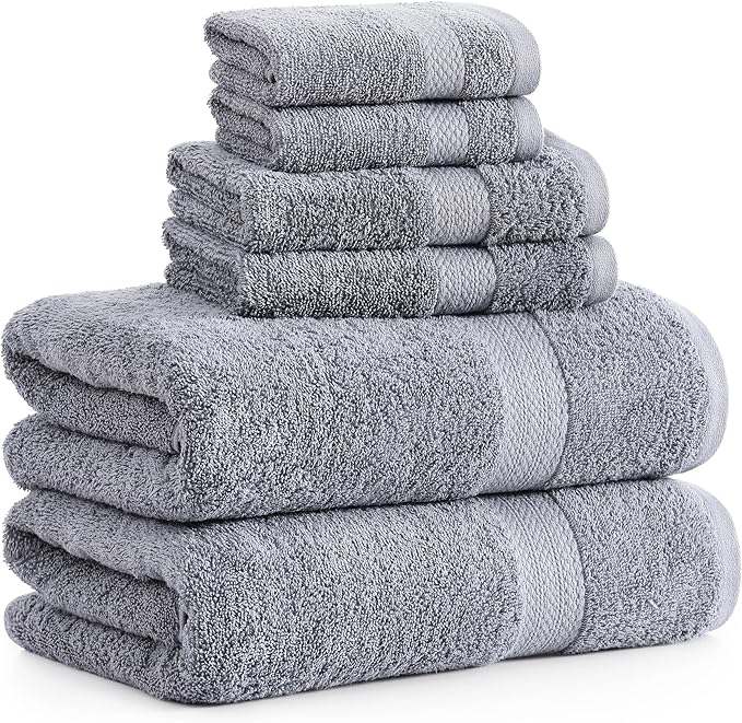 LANE LINEN 100% Cotton Turkish Towel Set for Bathroom - 6 Piece - Super Soft, Quick Dry & Highly Absorbent - 2 Bath, 2 Wash cloths, 2 Hand Towels - Hotel Quality, Durable & OEKO-TEX Certified - Grey