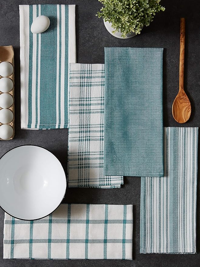 DII Assorted Woven, Kitchen Dishtowel Set, 18x28, Teal, 5 Piece