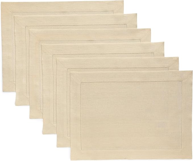 Solino Home Linen Cloth Placemats Set of 6-100% Pure Linen Hemstitch Beige Placemats 14 x 19 Inch - Classic Hemstitch Table Place Mats for Spring, Summer, Mothers Day
