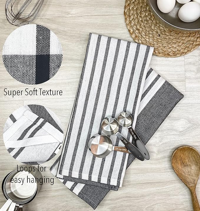 Chardin home Recycled Cotton Assorted Woven Kitchen Towels Set, Black-White | 18x28 Inch Kitchen/Dish Cloths Set of 4 |Super Absorbent Reusable Hand and countertop Towels, Ultra Soft Tea Towels