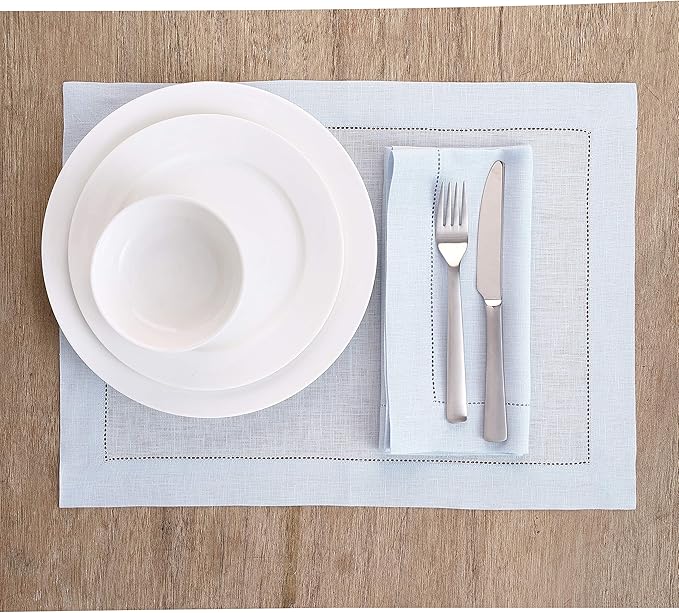 Solino Home Linen Placemats Set of 4 - Classic Hemstitch Light Blue Placemats 14 x 19 Inch - 100% Pure Linen Table Mats for Spring, Summer, Mothers Day