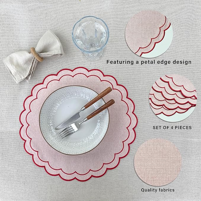 Linen Cotton Placemats Set of 4 Scalloped Flower Embroidery Place Mats 15'' Natural Linen Texture Fabric Machine Washable Table Mats for Restaurant Kitchen,Table Decor(Powder Pink)
