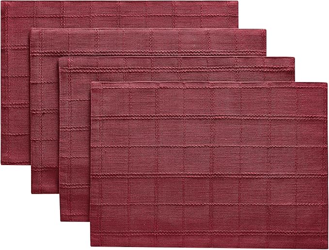ZeeMart Linen Checked Placemats Set of 4, Plaid Embroidery Textured Table Mats, Double Layer Thick Farmhouse Rustic Place Mats for Kitchen Dining Table Home Decor, Burgundy 13x19 Inch