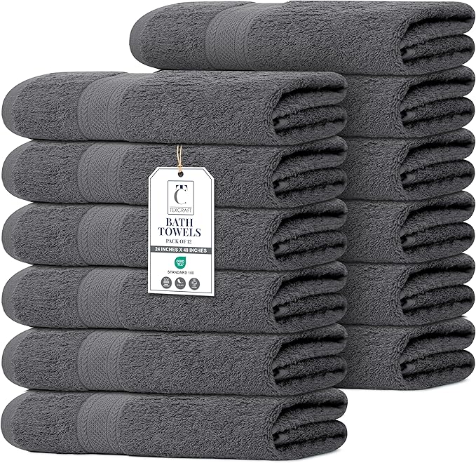 Commercial Bulk Pack of 12 Bath Towels – 100% Cotton Terry 24" x 48" – Ideal for Hotels, Salons, Gyms, Spas & Institutional Use – Charcoal Grey