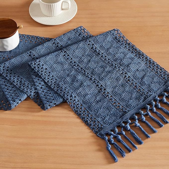 ZeeMart Macrame Style Boho Table Runner, Blue Table Runners 90 Inches Long, Farmhouse Woven Home Decor, 12x90 Inch, Dusty Blue