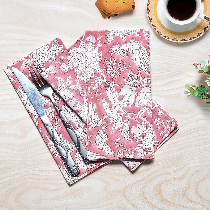 CPC Pink Coral Indian Block Print Cotton Cloth Napkins Set of 4, 18x18 Reusable Everyday Napkins, Soft, Absorbent, Floral Dinner Napkin, Holiday, Party Gift, Spring,Mother's Day