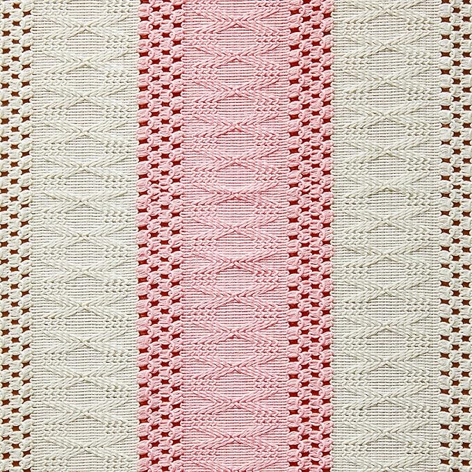 ZeeMart Macrame Style Bicolor Stitching Table Runner, 14 x 108 Inch Light Pink/Ivory, Boho Pink Table Runners 108 Inches Long, Farmhouse Woven Home Decor