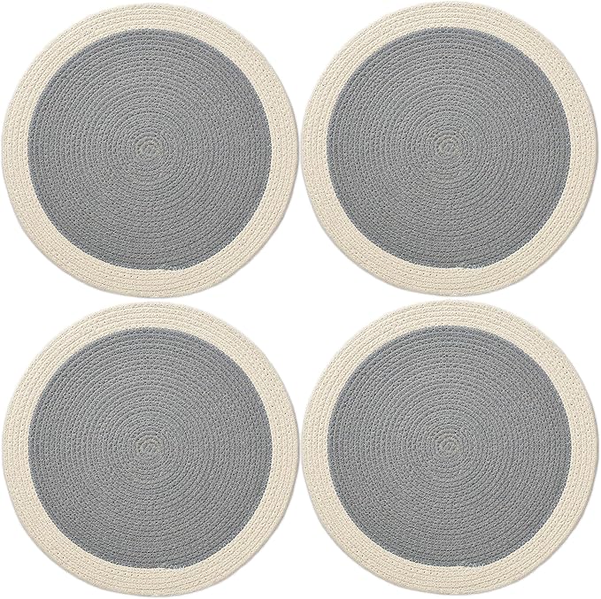 Encasa XO Dining Placemats Set of 4 | Cotton Round Table Mat - 13 in Diameter | Light Grey & Off White | Handmade Rib Style Chargers for Dinner Plates