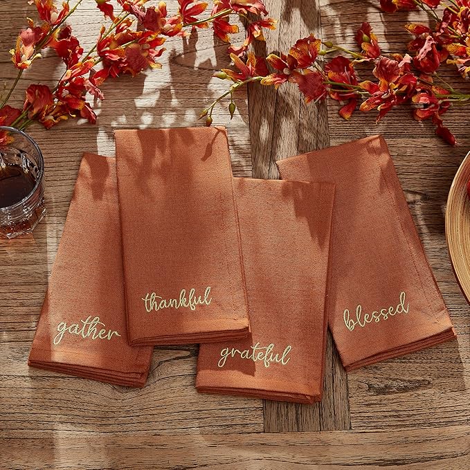Elrene Home Fashions Harvest Fall Sentiment Embroidered Napkins, Set of 4, 17"x17", Rust