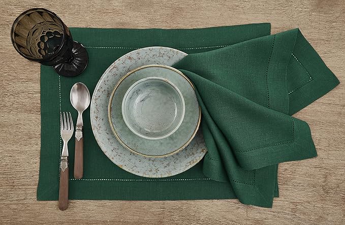 Solino Home Linen Placemats Set of 4 - Classic Hemstitch Rainforest Green Placemats 14 x 19 Inch - 100% Pure Linen Table Mats