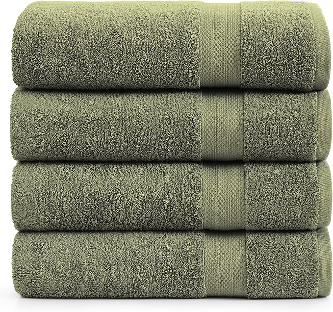 LANE LINEN 4 PCs Bath Towels Set (28"x54") - 100% Ring Spun Cotton Bathroom Towels Set - Quick Dry, Ultra Soft & Absorbent, Durable Large Bath Towels - Tumble Dry Regains Fluffiness - Oil Green