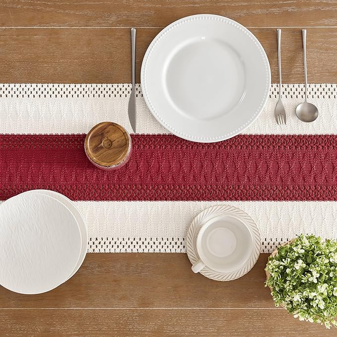 ZeeMart Macrame Style Bicolor Stitching Table Runner, 14 x 36 Inch Red/Ivory, Boho Red Table Runners 36 Inches Long, Farmhouse Woven Home Decor