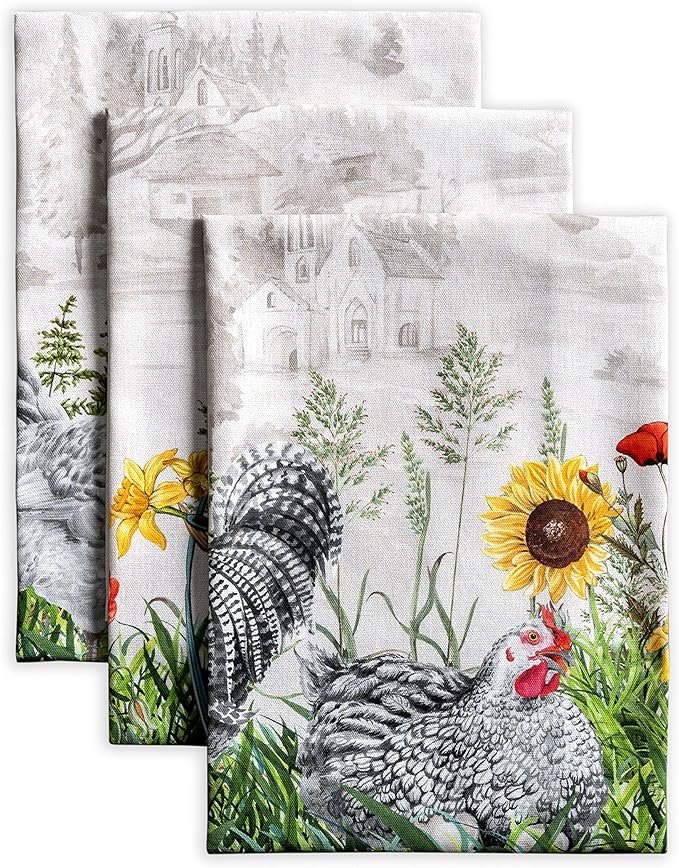 Maison d' Hermine Kitchen Towels Set of 3 100% Cotton 27.50" x 20" Reusable Cloth Tea Dish Towels Absorbent with Hanging Loop for Kitchen Gifts for Mothers Day Spring/Summer (Basse Cour)