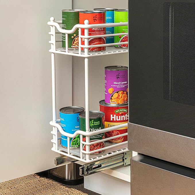 Household Essentials Glidez Multipurpose Paint-Finished Steel Pull-Out/Slide-Out Storage Organizer with Plastic Liners for Under Cabinet Use - 2-Tier Design, White