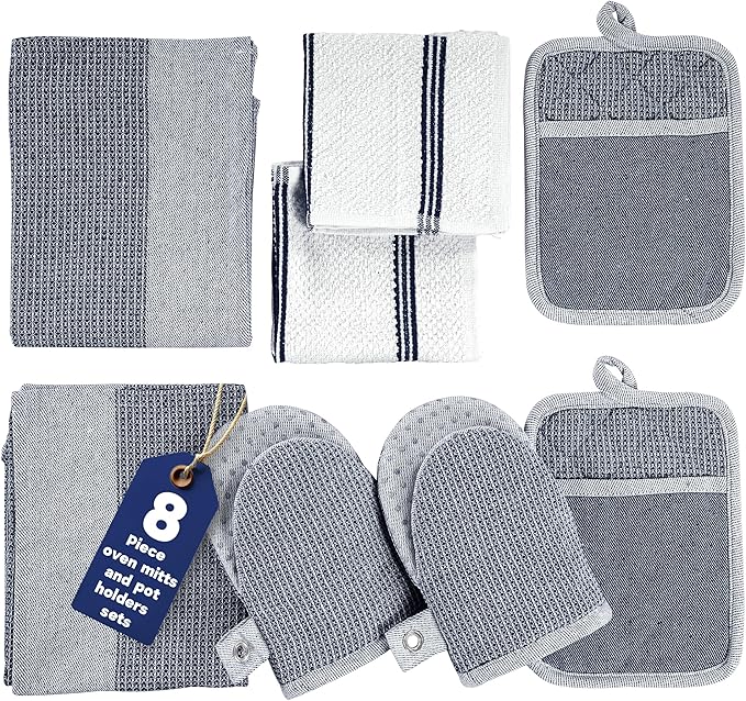 Casa Platino Mini Oven Mitts Set, 8-Piece – 500°F Heat Resistant Silicone Oven Mitt, Potholders for Kitchens, 2 Kitchen Towels & 2 Dish Cloths – Non-Slip & Durable – Indigo