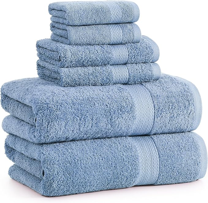 LANE LINEN 100% Cotton Bath Towels 6 Piece Set - Super Soft, Quick Dry & Absorbent - 2 Bath, 2 Washcloths, 2 Hand Towels for Bathroom - Hotel Quality, Minimal Lint after 3 Washes - Cerulean Blue