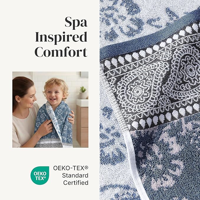 Modern Threads Floral Trail 6-Piece 100% Cotton Towel Set – Reversible Yarn Dyed Jacquard - Includes 2 Bath Towels, 2 Hand Towels, 2 Washcloths – Absorbent, Quick Dry, Soft & Durable – Navy