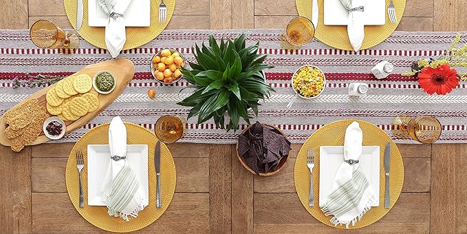 DII Farmhouse Braided Stripe Table Runner Collection, 15x108 (15x113, Fringe Included), Barn Red