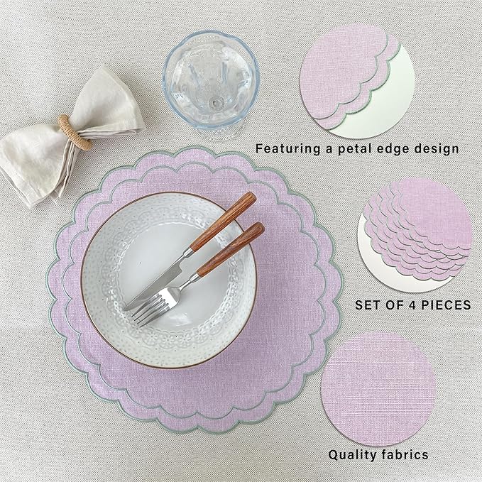 Linen Cotton Placemats Set of 4 Scalloped Flower Embroidery Place Mats 15'' Natural Linen Texture Fabric Machine Washable Table Mats for Restaurant Kitchen,Table Decor(Lilac)