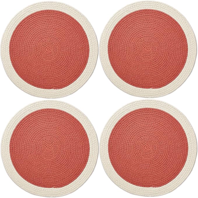 Encasa XO Dining Placemats Set of 4 | Cotton Round Table Mat - 13 in Diameter | Coral & Off White | Handmade Rib Style Chargers for Dinner Plates