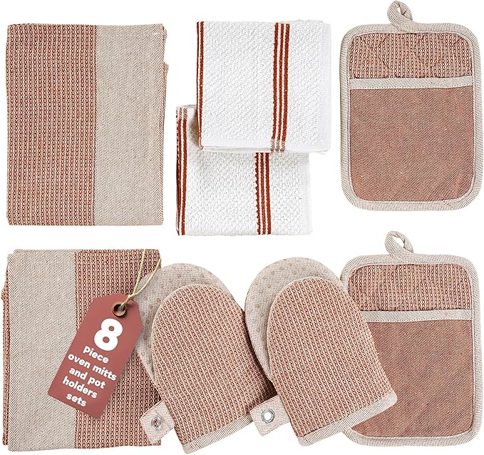 Casa Platino Potholders for Kitchens, 8-Piece – 500°F Heat Resistant Oven Mitts and Pot Holders, Mini Oven Mitt with Silicone Grip, 2 Kitchen Towels & 2 Dish Cloths – Durable & Non-Slip – Canyon Rose