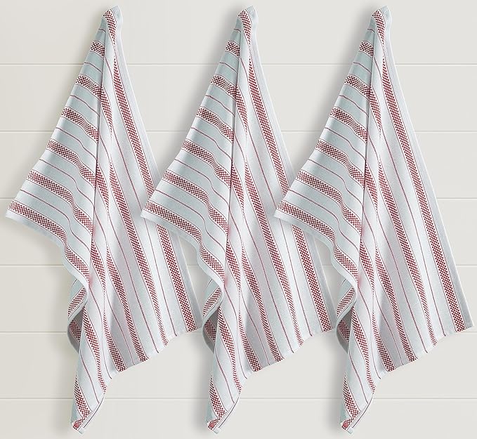 Kitchen Towels Set – Pack of 3 (20’’ x 30’’) Extra Large Premium Cotton Dish Towels for Kitchen – Chain Stripe Towels – Absorbent – 100% Cotton – with Hanging Loop – Red