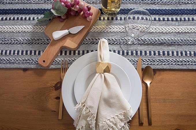 DII Farmhouse Braided Stripe Table Runner Collection, 15x72 (15x77, Fringe Included), Navy Blue